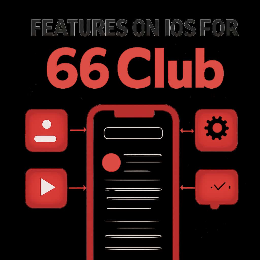 A diagram illustrating the features of the 66 Club app on iOS.